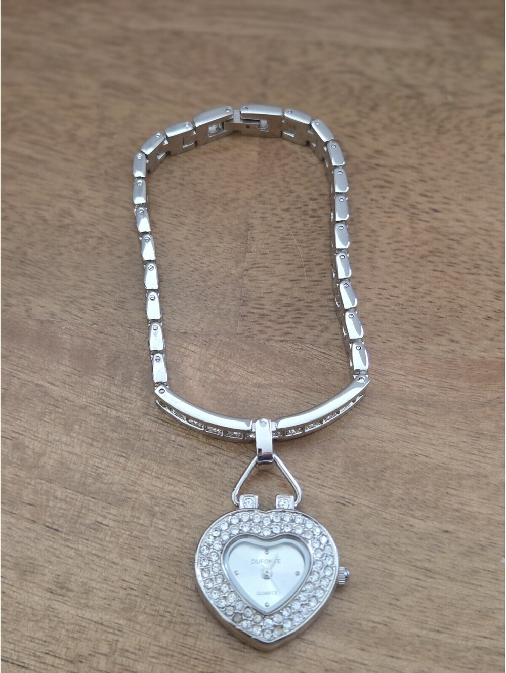 DUFONTE Heart Pendant Watch Silver Tone Rhinestone Quartz Bracelet Untested